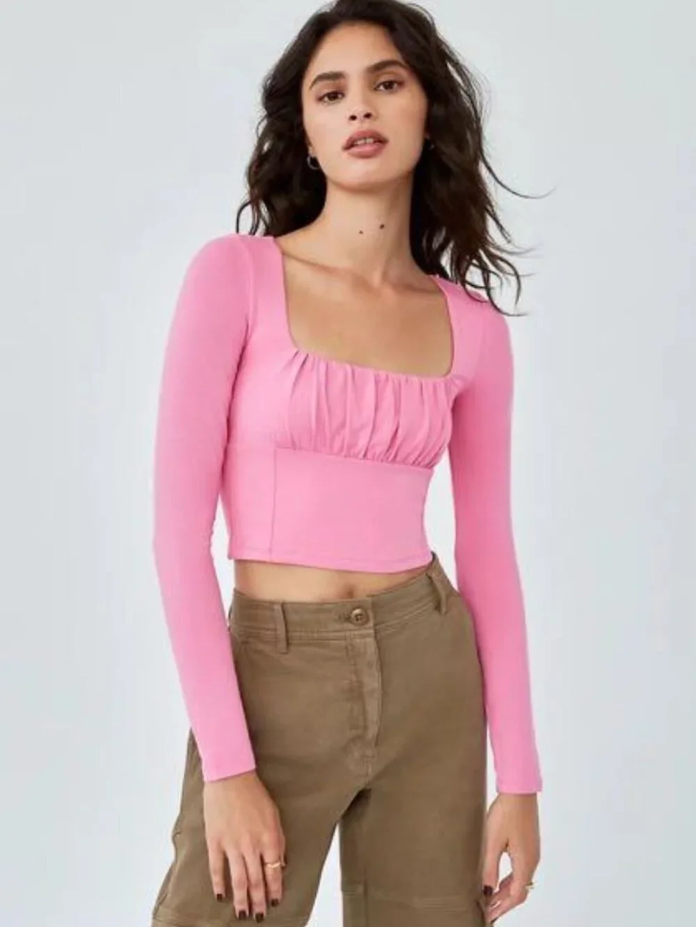Aritzia WILFRED FREE Orbit Brown Jersey Ruched Long Sleeve Cropped Top, Size S - Picture 10 of 13